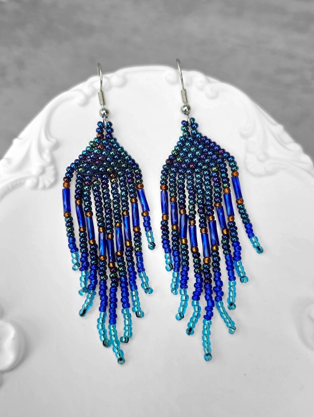Handmade Croux Mini Boho Fringe Beaded Earrings Blue